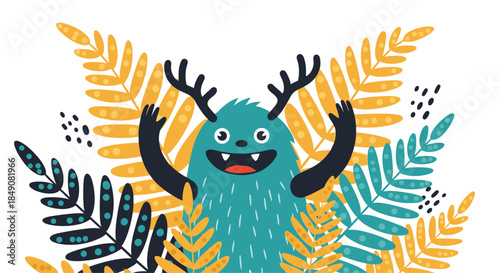Adorable happy blue monster with antlers waving from behind colorful foliage in a fun and whimsical children's book style illustration.