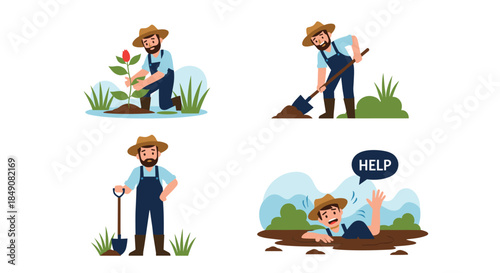 A set of four cartoon illustrations depicting a farmer planting, digging, posing, and sinking in quicksand crying for help.
