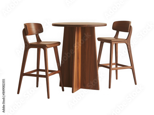 Contemporary wooden high table set with two designer stools against a dark backdrop isolated on transparent background