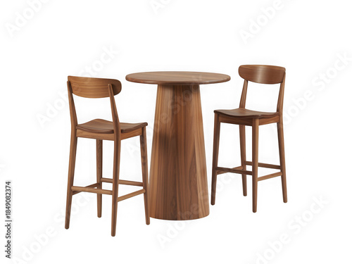 A contemporary solid wood bar table set with two elegant high-backed stools isolated on transparent background