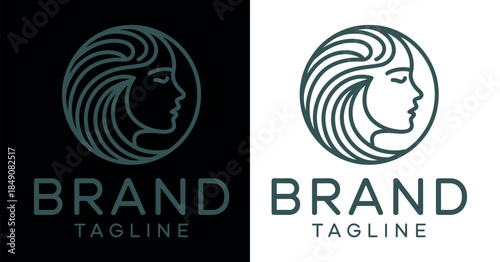 Minimalist Brand Logo Design Template with Woman's Face and Tagline on Black White Backgrounds