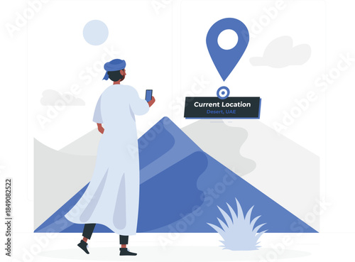 Man in traditional Middle Eastern clothing using smartphone with desert landscape and location