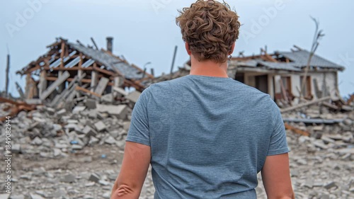 Man disaster destruction debris ruins aftermath damaged building rubble sadness as young man with curly hair stands with hands head, facing destroyed buildings and rubble, expressing shock
