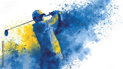 Dynamic Golfer in Mid-Swing with Abstract Blue and Yellow Splash Effect.