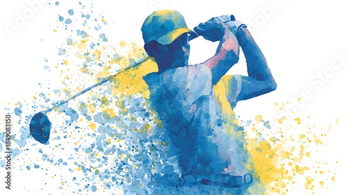 Dynamic Golfer Swinging Club with Abstract Splash Effect.