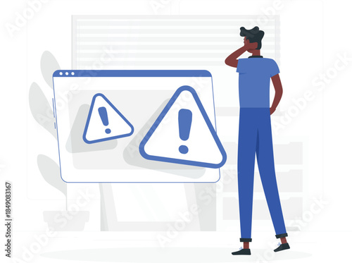 Man looking at warning signs on computer screen blue outfit thinking des