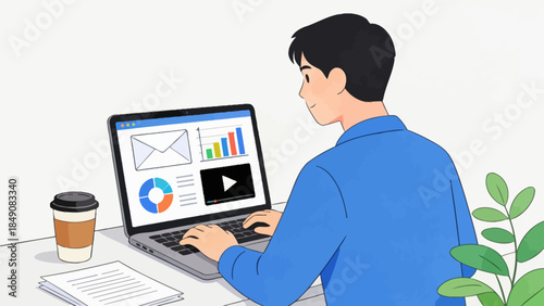 Person working on laptop with data charts