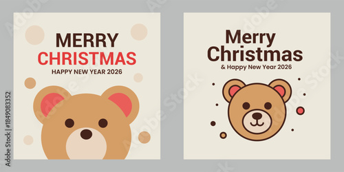 Cute Teddy Bear Christmas & New Year Greeting Cards – Festive Holiday Illustration Set Social Media Post Design