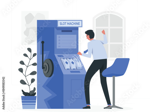 Man playing blue slot machine with excitement casino gambling game