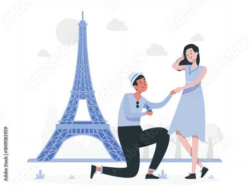 Man proposing to woman in front of Eiffel Tower proposal man on one knee woman in blue dress
