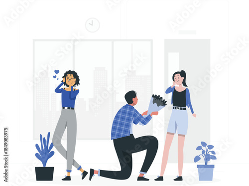 Man proposing to woman with bouquet while another woman reacts in surprise proposal man kneeling des