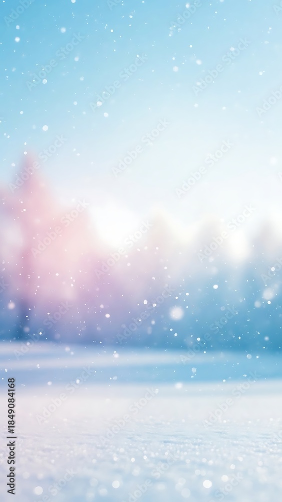 Naklejka premium Soft Winter Snowfall Landscape with Gentle Sunlight and Bokeh Effect.
