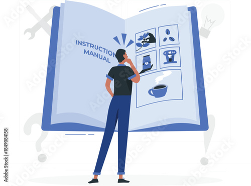 Man reading instruction manual with coffee book blue desig
