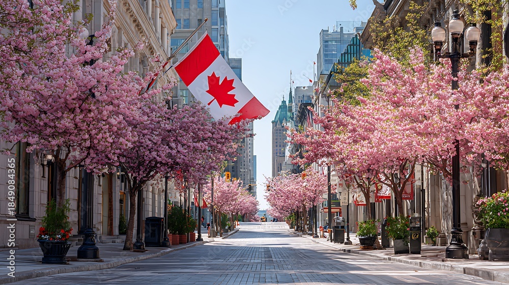 Fototapeta premium Awesome photo of scenic city street in Canada lined with blooming pink cherry blossom trees and Canadian flag.