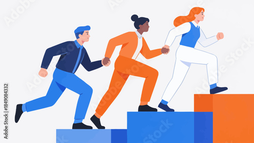 Three people climbing stairs together