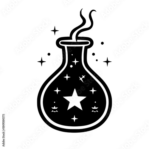 Mystical Wizard's Potion Bottle: Magic Elixir Cosmic Swirls Starry Sky Illustration | Clean, isolated vector art for creative projects.