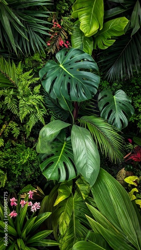 A verdant, dense wall of lush tropical foliage, featuring varied leaf shapes, sizes, and green hues, creating a natural texture