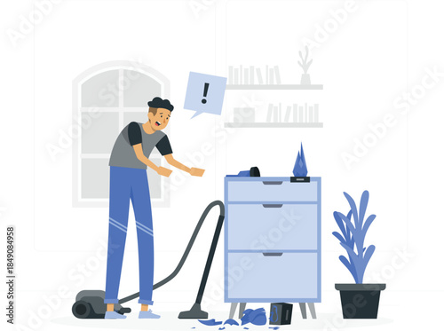 Man shocked by vacuum sucking up jewelry box and blue ornament vacuum cleaner shocked expression des