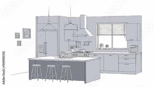 Modern Kitchen Interior Design Sketch with Island and Stools.