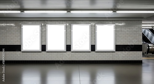 Four blank advertising billboards in a subway station, offering a prime location for marketing and promotional campaigns in a hightraffic area