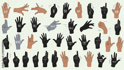 Collection of Hands Demonstrating Sign Language Alphabet and Gestures.