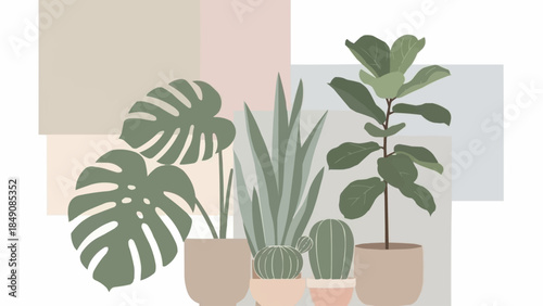 Collection of potted houseplants in muted earthy tones.