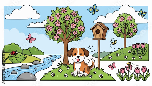 Cute happy puppy sitting in a sunny meadow with flowers and butterflies.