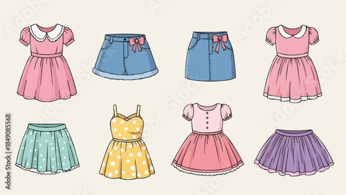 Collection of cute girls dresses and skirts in various colors and styles.