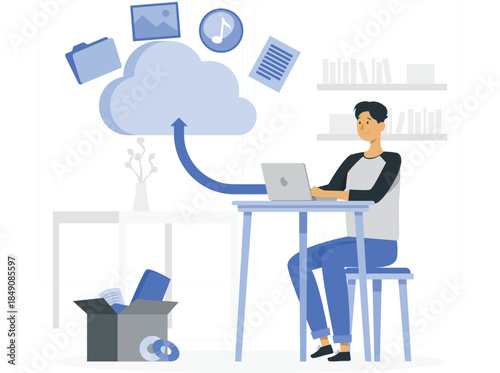 Man sitting at desk with laptop uploading files to cloud storage file upload office d