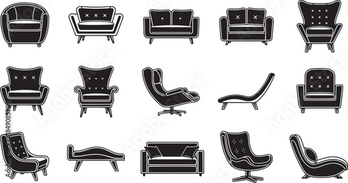 Vintage armchair collection black and white vector illustration set