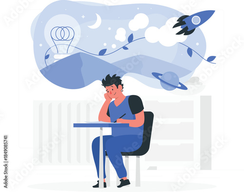 Man sitting at desk with thought bubble of space and rocket