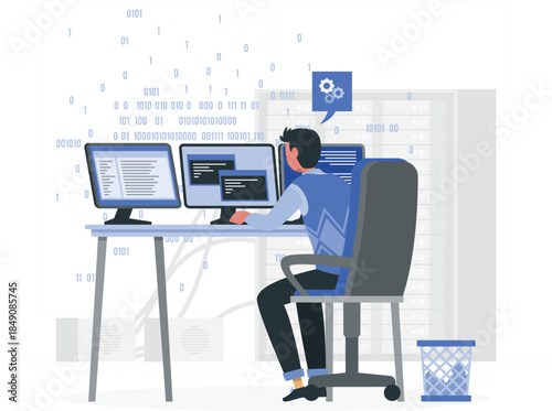 Man sitting at desk with three computer monitors and typing on keyboard with blue and gray office de