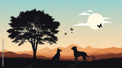 Two dogs silhouetted against a sunset landscape with a tree and butterflies.