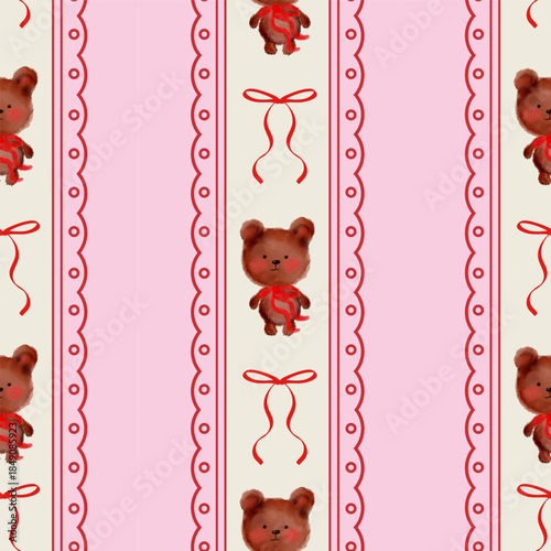 Cute Seamless pattern with hand drawn teddy bear, coquette borders, ribbon and bows on pink background. Designe for print, fabric, wallpaper, wrapping paper.