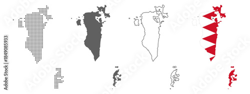 Bahrain Map Set with Dot, Silhouette, Outline and Flag Vector