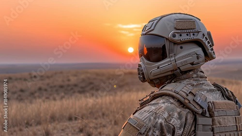 Soldier helmet camouflage armor at sunset in outdoor military field, tactical landscape with protective gear, solitude, dusk horizon, security patrol, mission, peaceful evening sky, grass, defense