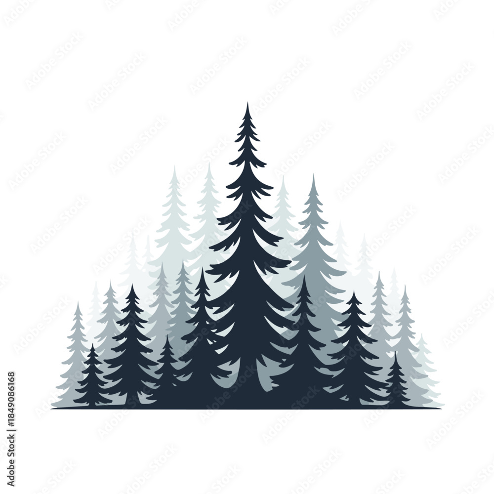 Obraz premium Minimalist Vector Forest Silhouette with Layered Pine Trees and Grayscale Tones