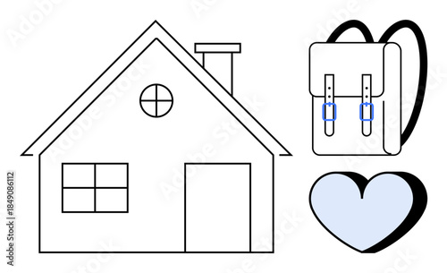 Education, safety, family values, home learning, travel, personal belongings. A house, backpack and heart shape in flat icons. Education and safety concept