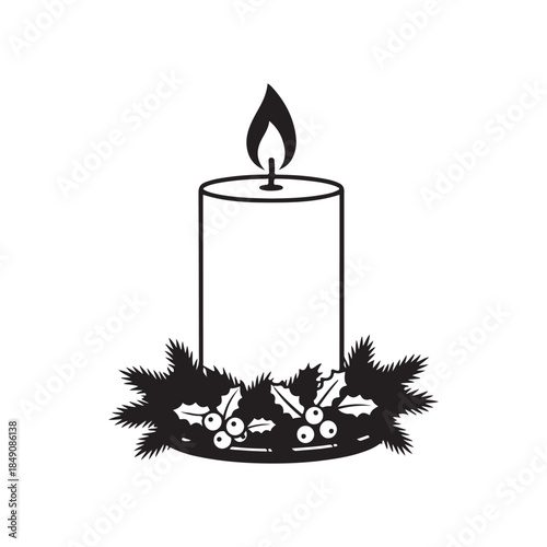 Minimalist Flat Vector Candle with Holiday Wreath Black and White Illustration