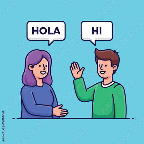 Cartoon man and woman greeting with Hola and Hi speech bubbles illustrating multilingual communication.