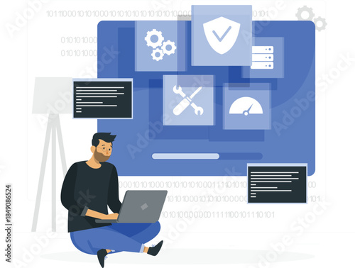 Man sitting with laptop surrounded by computer and binary code coding programming des