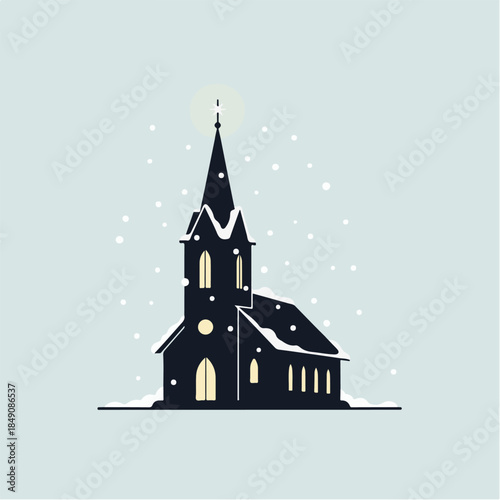 Minimalist Flat Vector Winter Church Silhouette with Lit Windows and Falling Snow