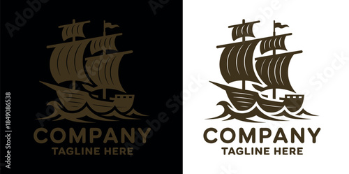 Vintage Sailing Ship Logo Templates for Companies with Tagline on Black and White Backgrounds