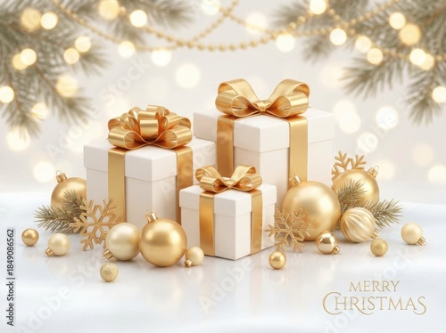Elegant Christmas gifts with gold ribbons surrounded by gold ornaments and pine branches holiday present