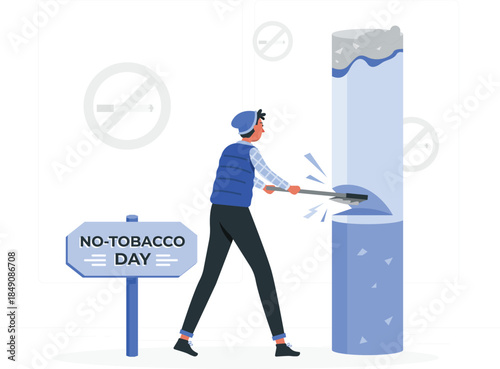 Man smashing cigarette butts on No Tobacco Day smoking cessation sign de