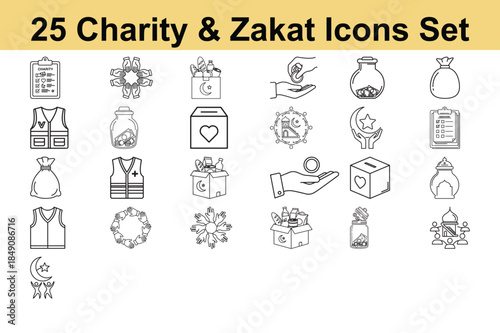 Charity and zakat icons set with checklist donation box vest money bag hands and food