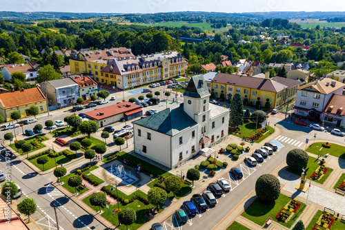 Aerial view of old town center with historic Ratusz Town Hall at Rynek market square of Sedziszow Malopolski town in Podkarpacie region of Lesser Poland