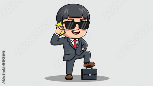 Confident Cartoon Businessman Talking on Phone with Briefcase.