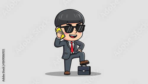Cool cartoon businessman in suit and sunglasses talking on money foot on briefcase.