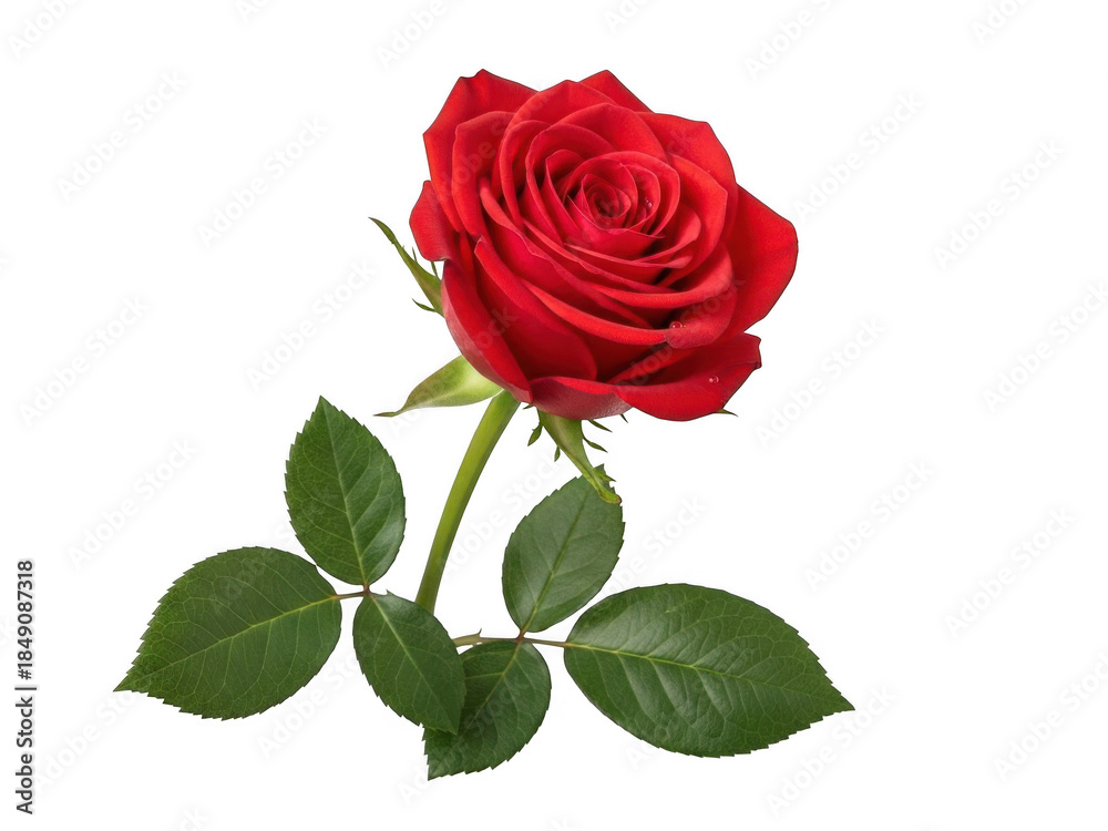 Fototapeta premium Single red rose with leaves isolated on transparent background